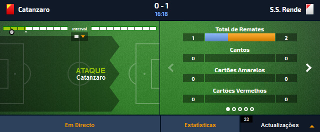 Apostas Ao Vivo Casino Portugal: exemplo de jogo Catanzaro vs Rende, com resultado 0-1 aos 16 minutos e 18 segundos.