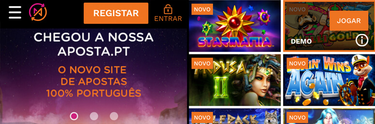 Chegou a Nossaaposta.pt. O novo site de apostas 100% português. Captura de écran mostra botão para se Registar ou Entrar, e slots Starmania, Chilli Gold, Medusa II e Foxin' Wins Again.