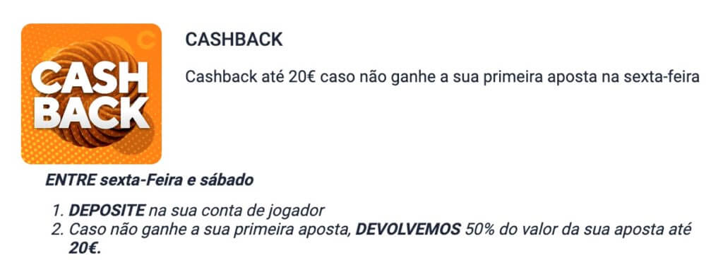 Casino Portugal cashback desporto até 20€ caso não ganhe a primeira aposta na sexta-feira