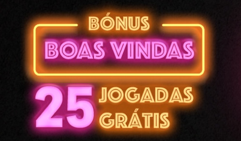 Nossa Aposta Casino Bónus de Boas-Vindas: 25 jogadas grátis escrito em luzes néon rosa e laranja