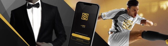 ESC Online App. Imagem apresenta homem de smoking/telemóvel com ESC Online App/jogador com equipamento ESC Online.