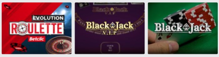 Betclic Casino: Tipos de Jogos de Mesa podem ser Evolution Roulette e Black Jack.