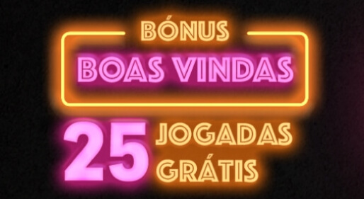 Nossa Aposta Casino Bónus de Boas-Vindas: 25 jogadas grátis escrito em luzes néon rosa e laranja