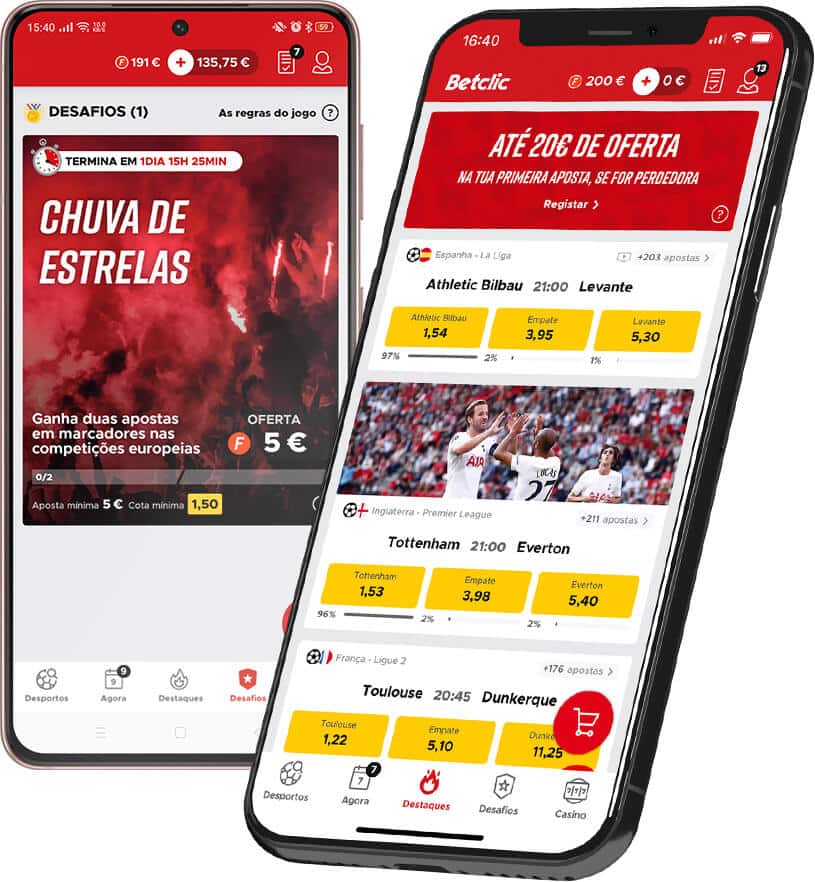 Betclic app Portugal: imagem mostra telemóvel à esquerda com promoção oferta 5 euros em apostas competições europeias; telemóvel à direita apresenta várias apostas simples.