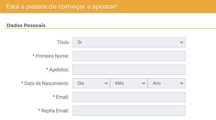 Casino Portugal Registo: onde deve inserir dados pessoais como título, nome, data de nascimento e e-mail