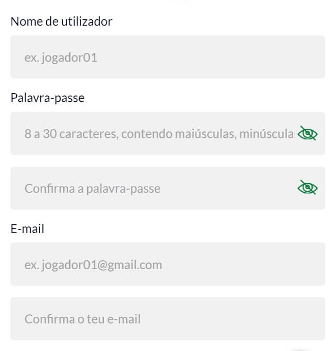 Solverde Registo: inserir nome de utilizador, palavra-passe e e-mail