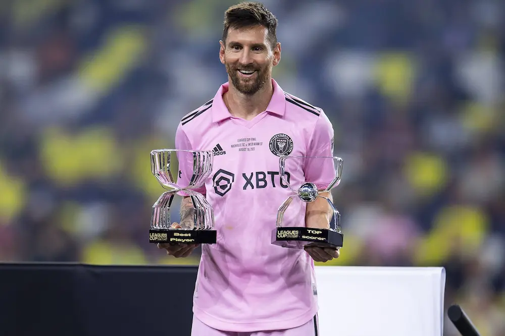 Lionel Messi, do Inter Miami, recebeu prémios de melhor jogador e melhor marcador. Taça das Ligas, Nashville (EUA) vs Inter Miami (EUA), 19.08.2023