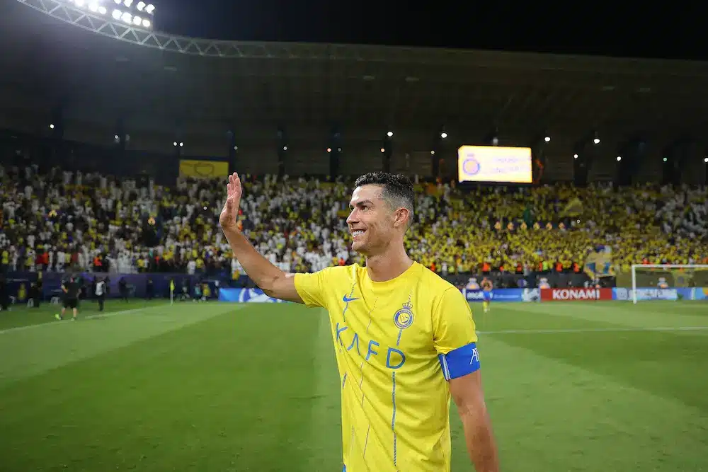 Cristiano Ronaldo do Al-Nassr comemora vitória no final do jogo Al-Nassr vs Al Duhail, AFC Champions League, Grupo E, Al Awwal Park, Riade, Arábia Saudita, 24.10.2023