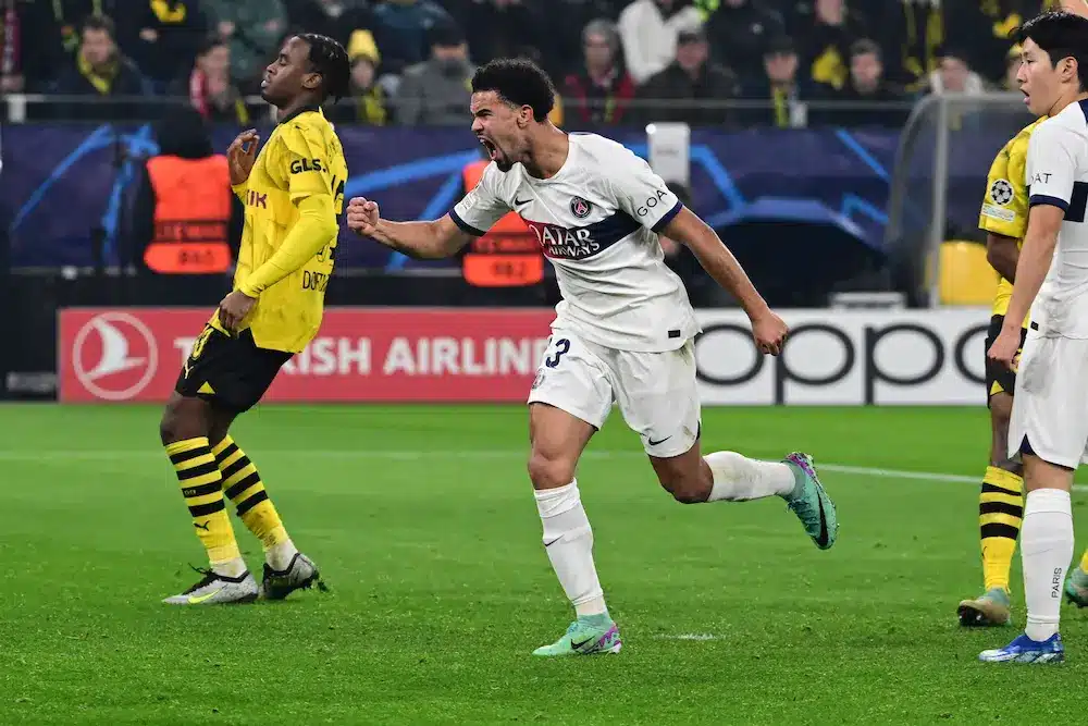 Golo de empate 1:1 marcado por Warren Zaire-Emery do PSG, Borussia Dortmund vs. Paris Saint-Germain, Liga dos Campeões, 13.12.2023 