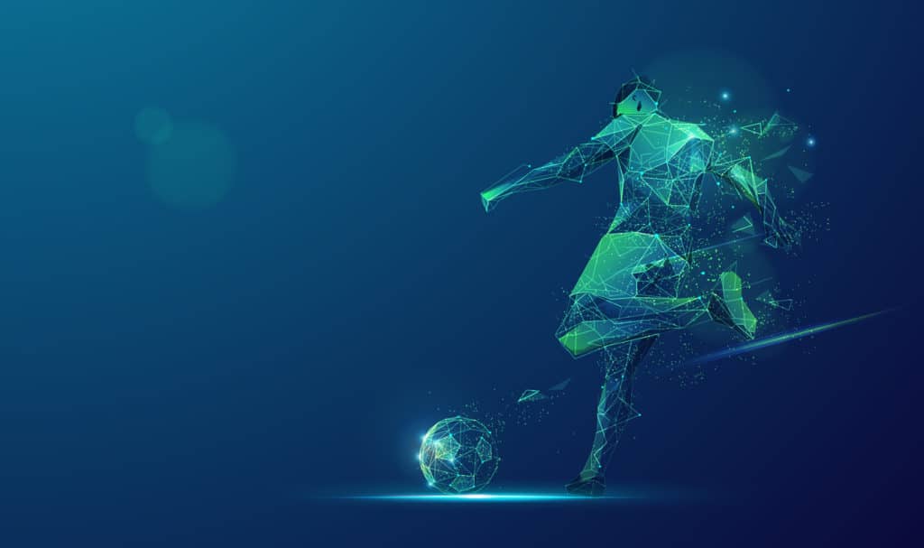 graphic of wireframe soccer player shooting ball with lighting effect