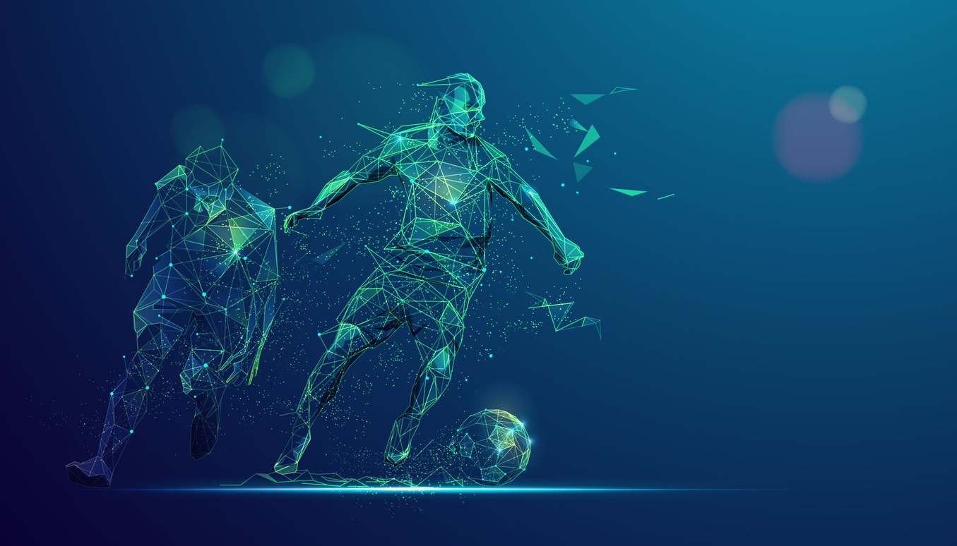 graphic of wireframe low poly soccer players in futuristic style
