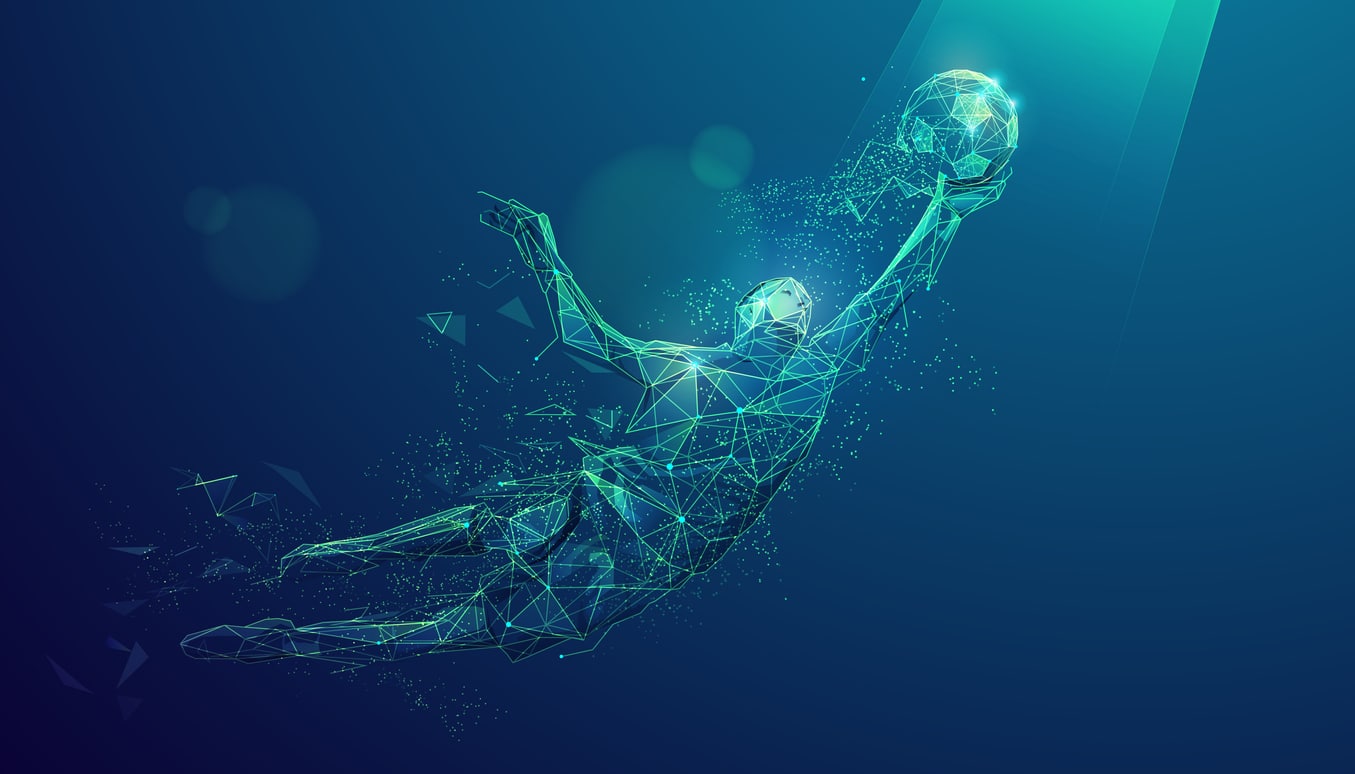 graphic of wireframe low poly goalkeeper catching football in futuristic style