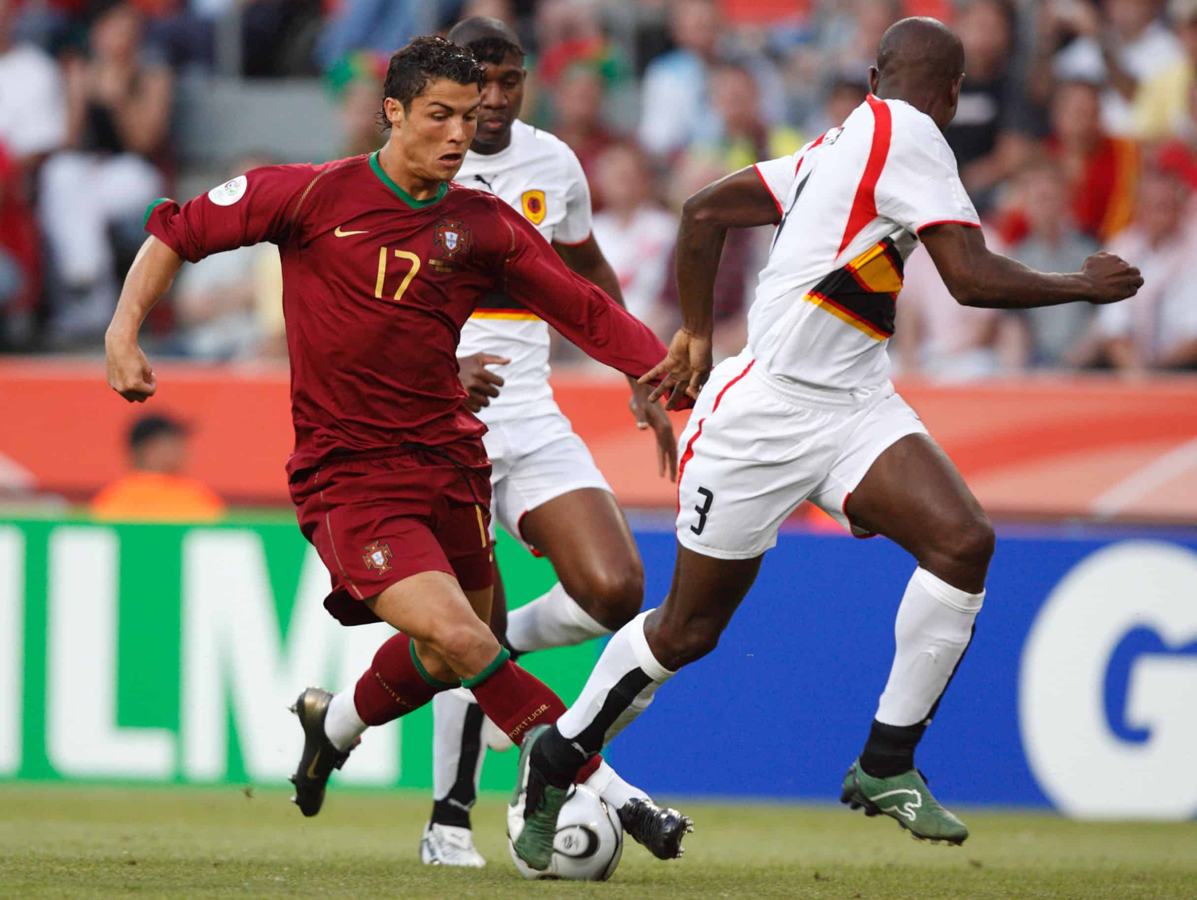 Cristiano Ronaldo of Portugal drives the ball during a FIFA World Cup soccer match against Angola June 11, 2006.