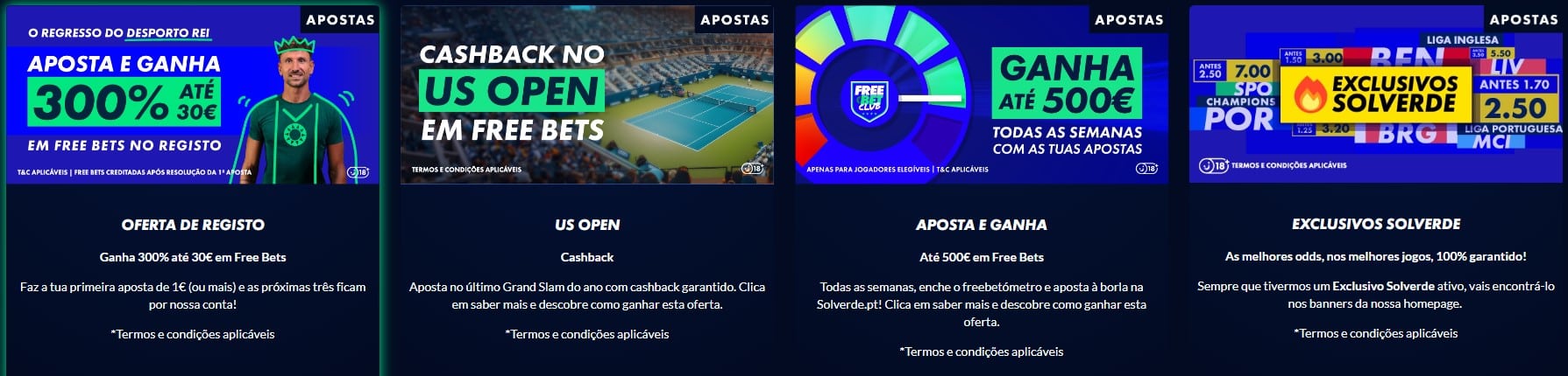 Promoções desporto Solverde: Aposta e ganha 300% até 30€, Cashback no US Open em free bets, Ganha até 500€ todas as semanas, e Exclusivos Solverde.